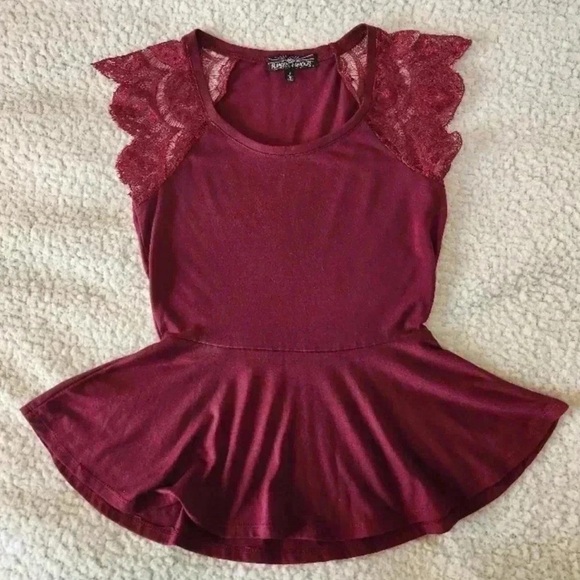 Burgundy Lace Sleeve Peplum Top, Small - Picture 6 of 6